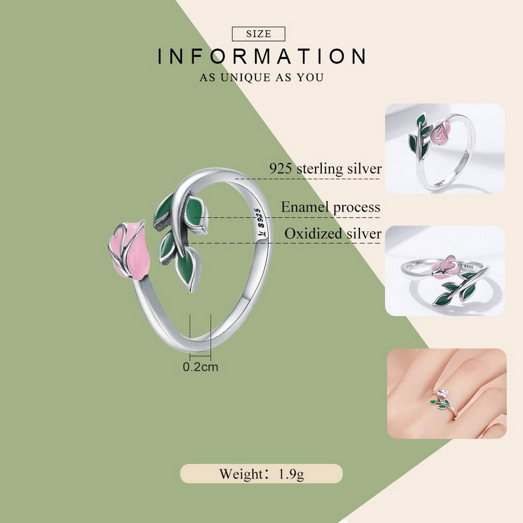 PAHALA 925 Strling Silver Rose Flower Enamel Pink Weeding Party Band Ring