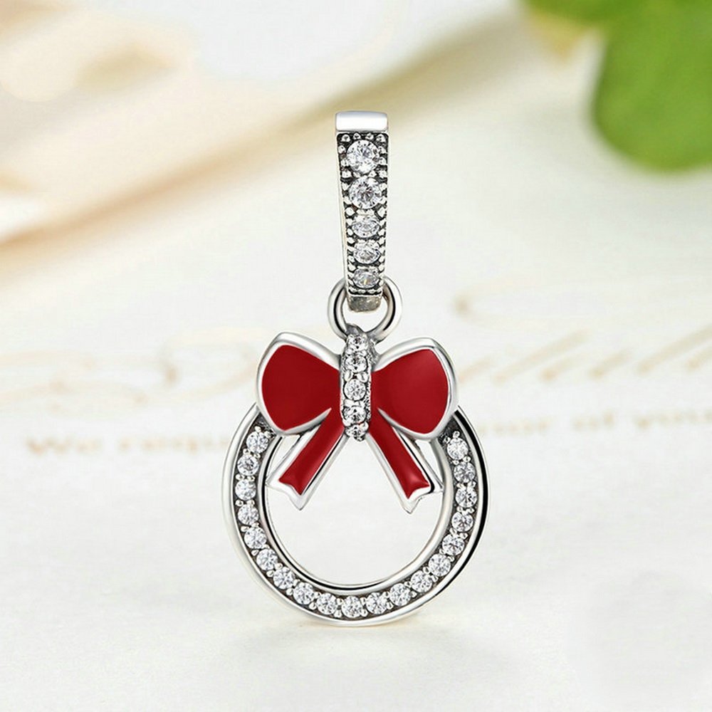PAHALA 925 Strling Silver Red Bow Knot with Crystals Charms Pendant Fit Bracelets Necklace