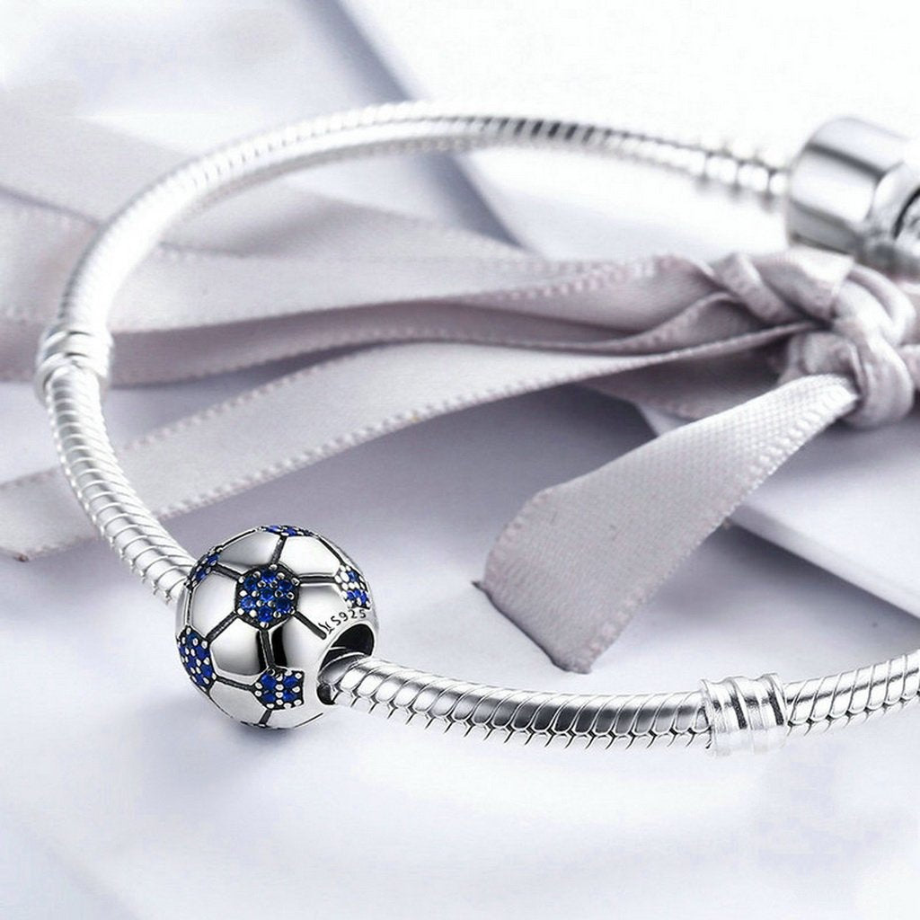 PAHALA 925 Sterling Silver Love Football with Blue Crystals Charms Fit Bracelets Necklace