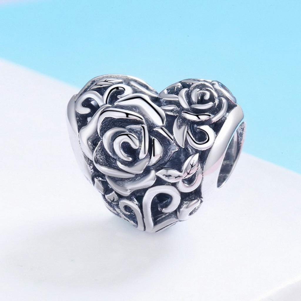 PAHALA 925 Strling Silver Rose Flower Engrave Heart Charms Charm