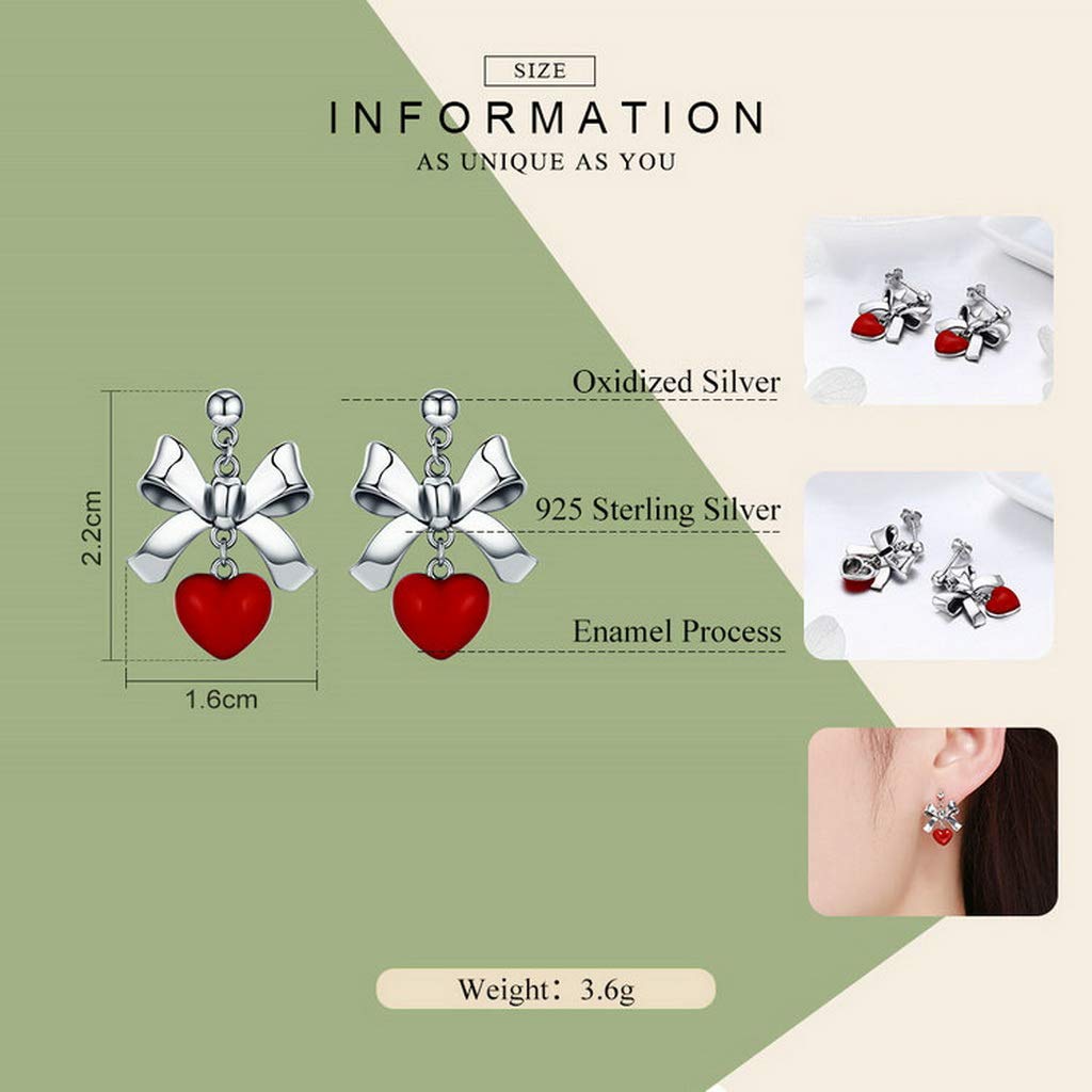 PAHALA 925 Sterling Silver Red Heart Bowknot Crystal Stud Earrings