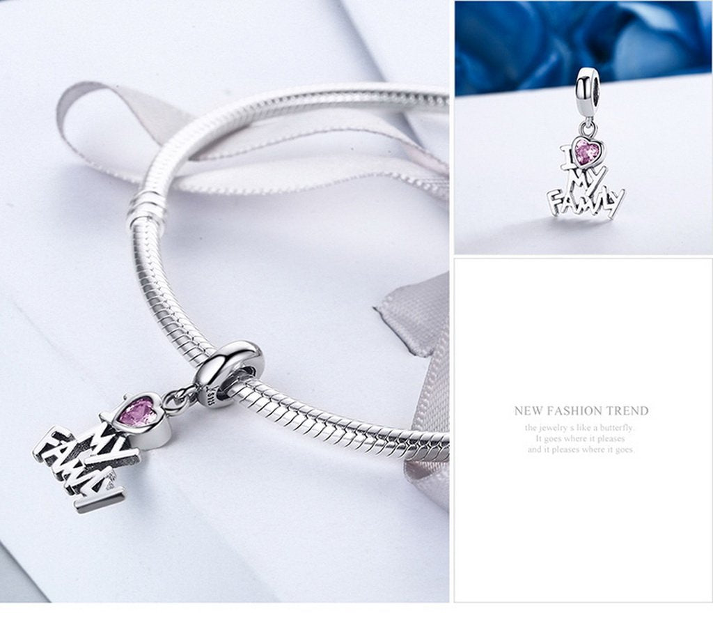 PAHALA 925 Sterling Silver I Love My Family with Pink Crystal Charms Fit Bracelets Necklace