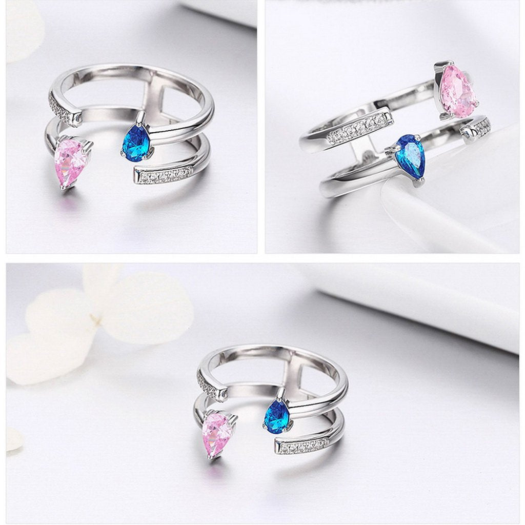 PAHALA 925 Strling Silver Pink Blue Crystals Weeding Party Band Ring