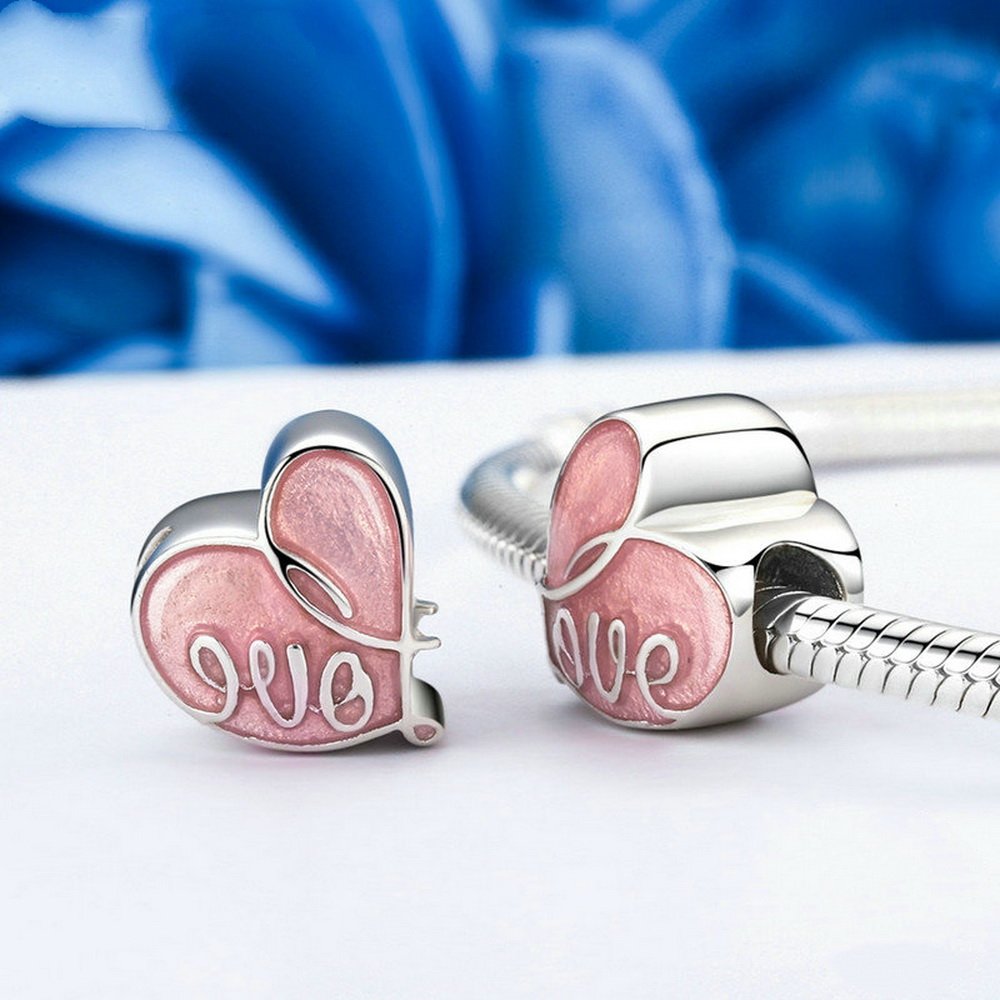 PAHALA 925 Strling Silver Fall in Love Pink Enamel Charms Fit Bracelets Necklace