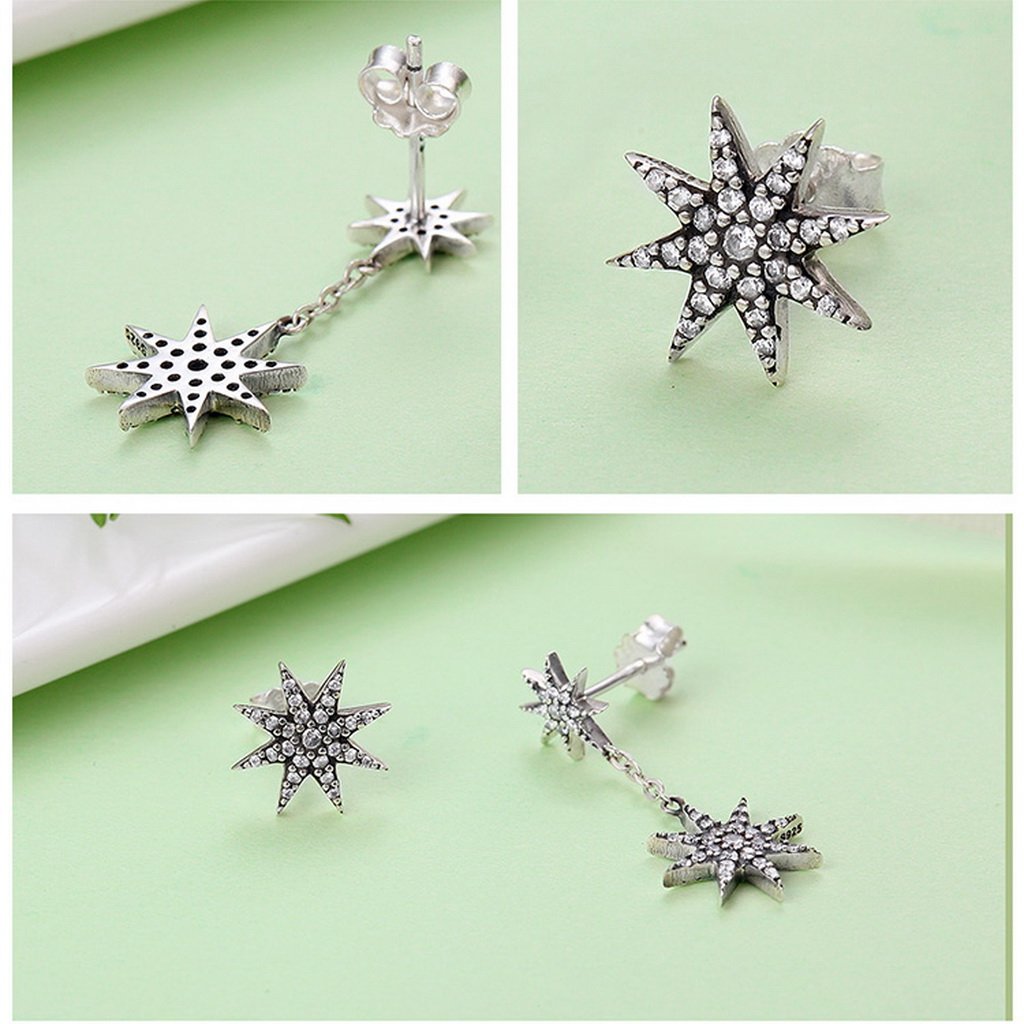 PAHALA 925 Sterling Silver Star With Crystals Party Wedding Long Drop Earrings
