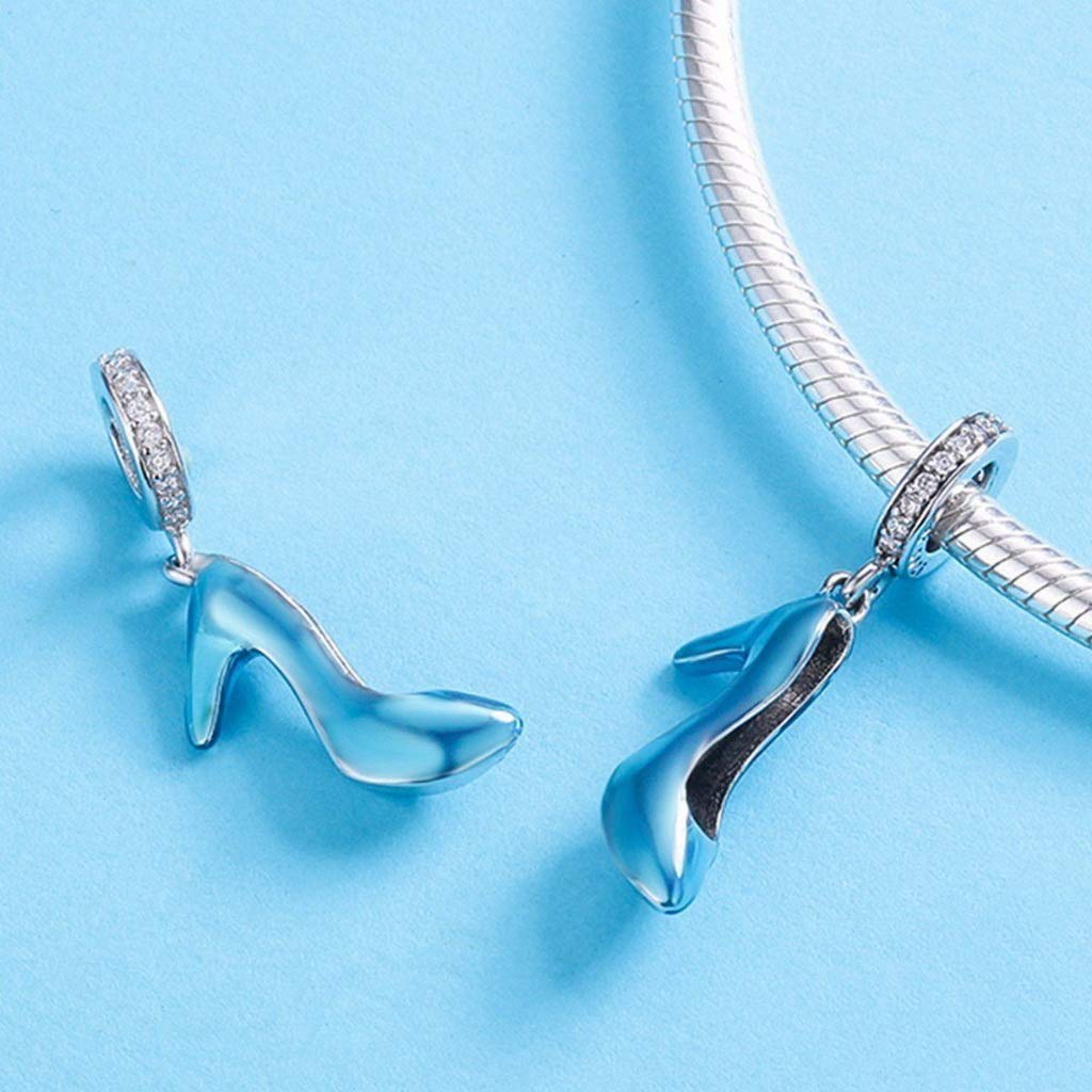 PAHALA 925 Strling Silver High Heels Crystal Shoe Blue Enamel Charm