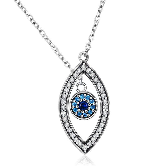 PAHALA 925 Sterling Silver Blue Eyes Long Chain with Crystals Clear CZ Pendant Necklace