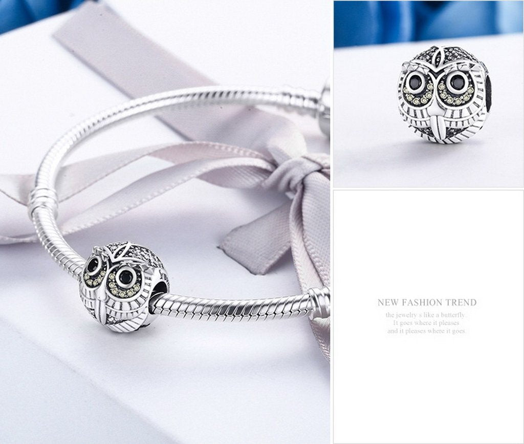 PAHALA 925 Sterling Silver Lovely OWL with Crystals Charms Beads