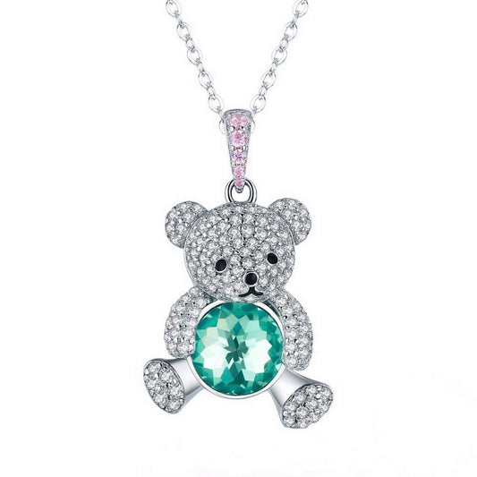 PAHALA 925 Sterling Silver Cute Bear with Green Crystals Clear CZ Pendant Necklace