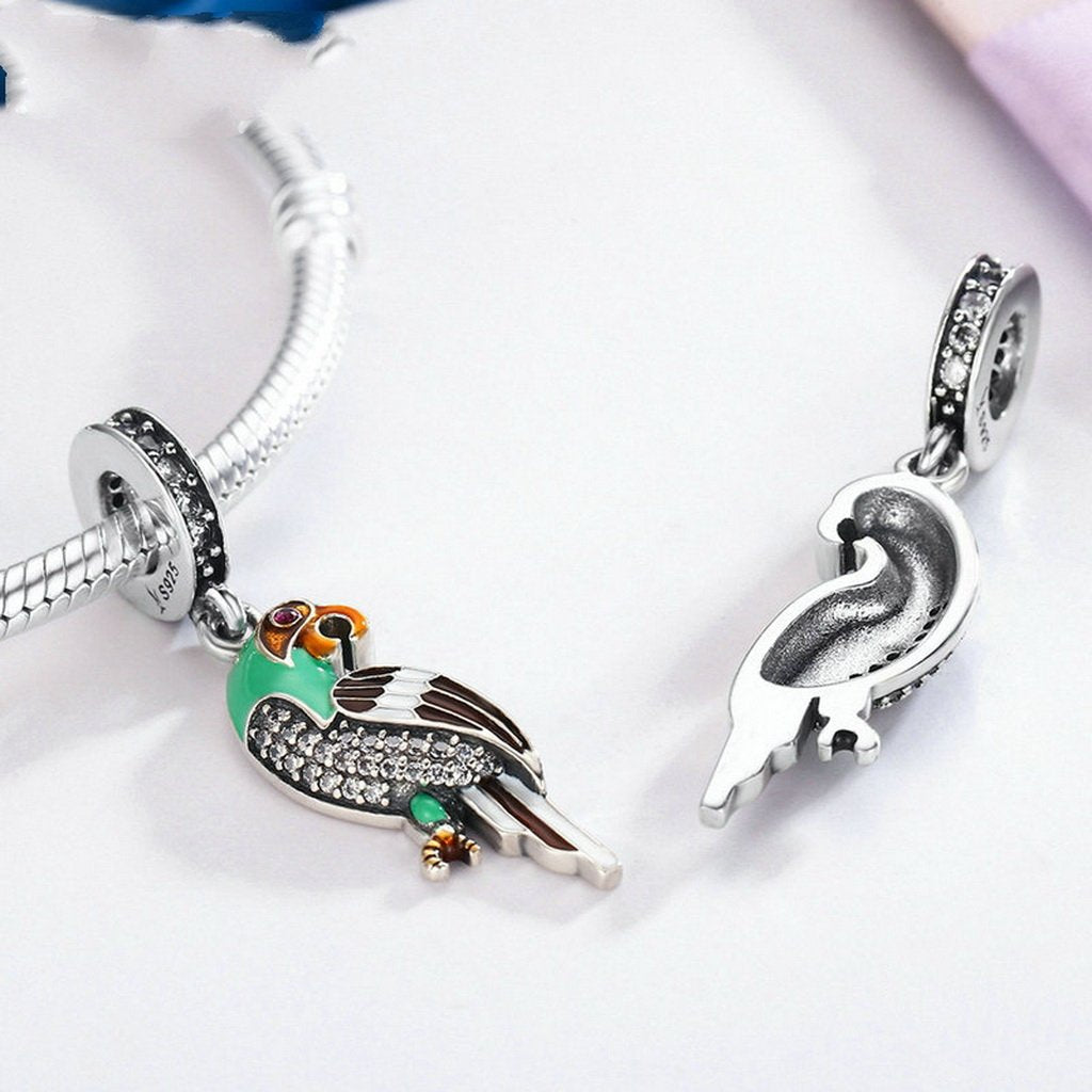 PAHALA 925 Sterling Silver Cute Parrot with Blue Enamel Crystals Charms Fit Bracelets Necklace