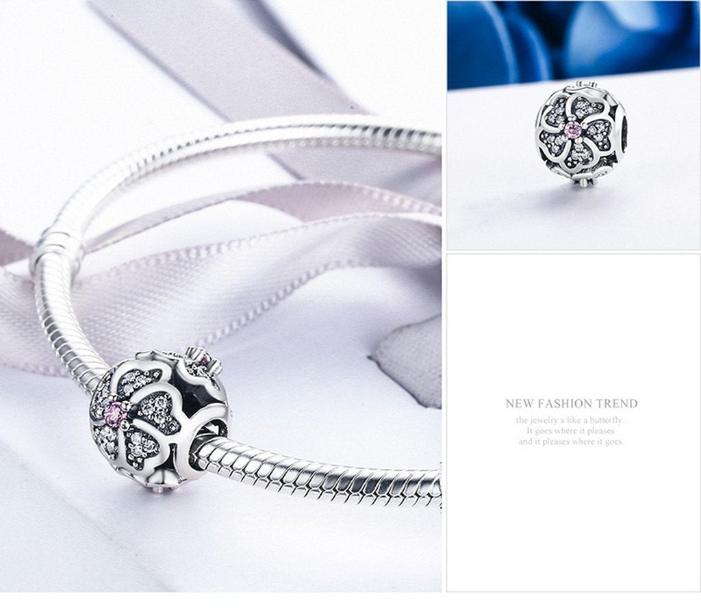 PAHALA 925 Sterling Silver Bouquet Flower of Love with Pink Crystals Charms Fit Bracelets Necklace