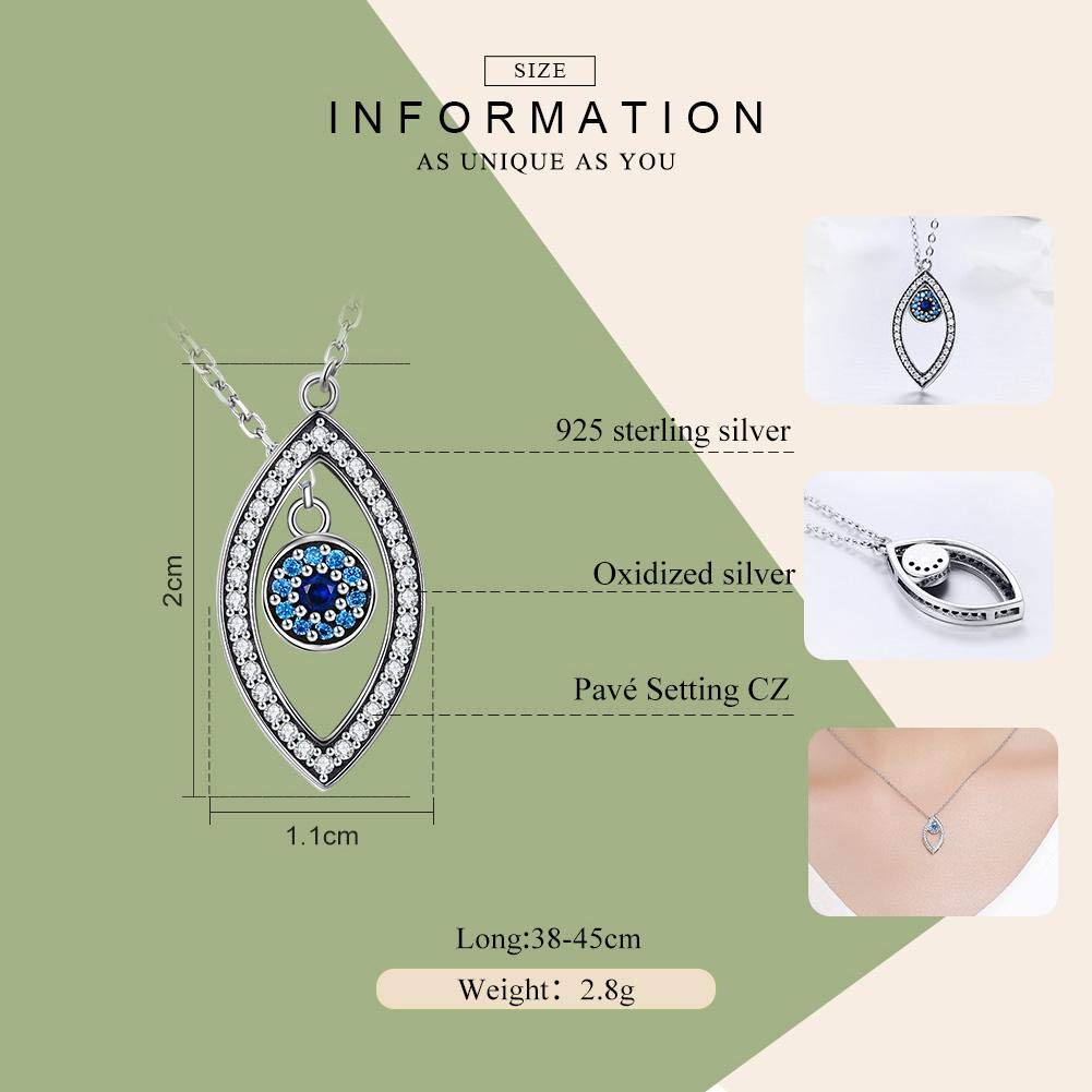 PAHALA 925 Sterling Silver Blue Eyes Long Chain with Crystals Clear CZ Pendant Necklace