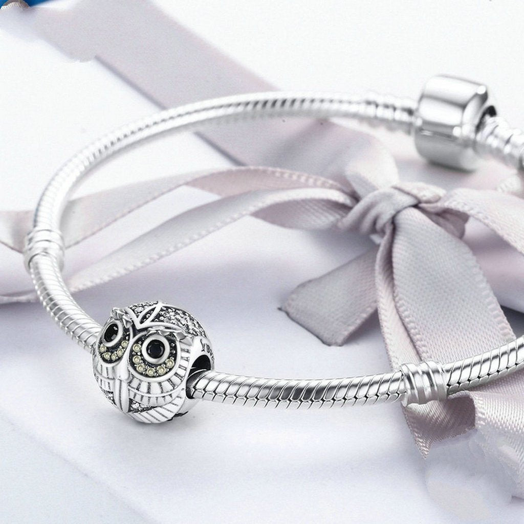 PAHALA 925 Sterling Silver Lovely OWL with Crystals Charms Beads