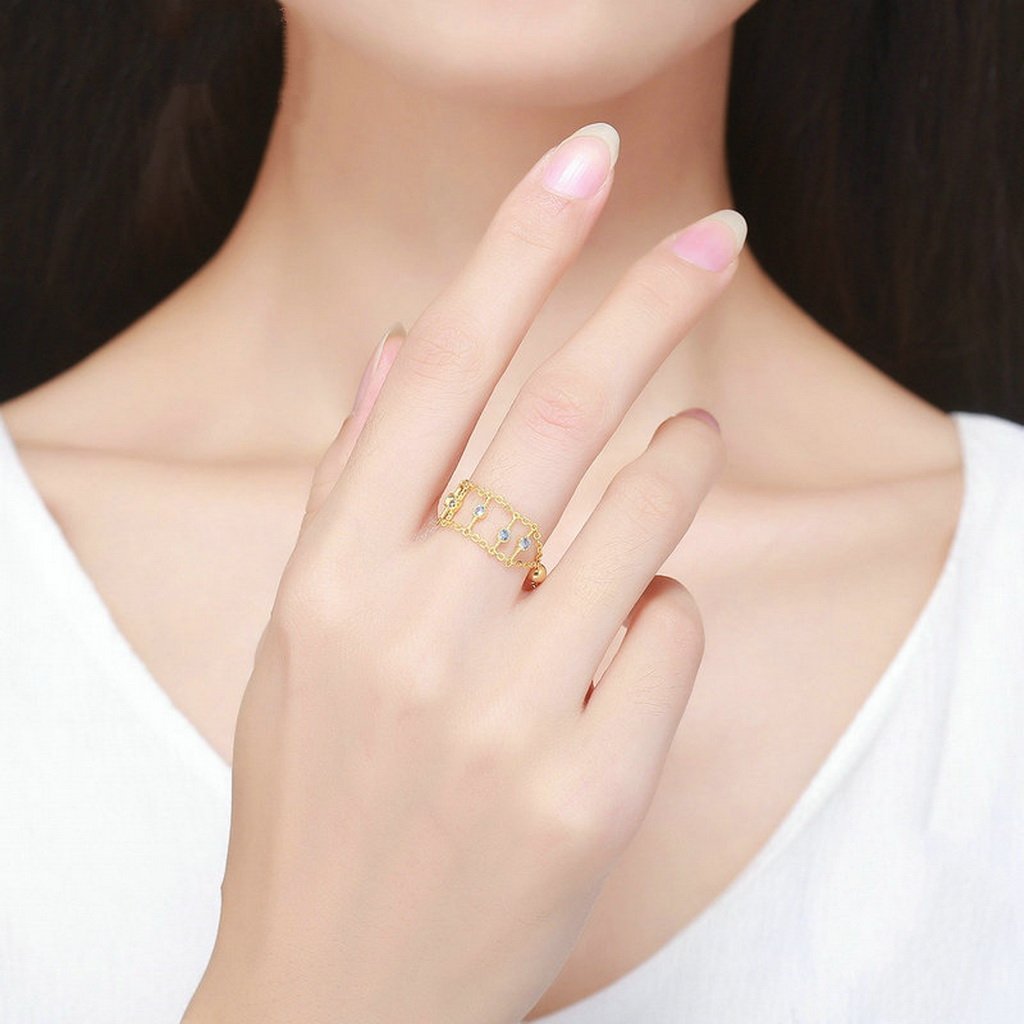 PAHALA 925 Strling Silver Gold Tassel Chain Weeding Party Band Ring