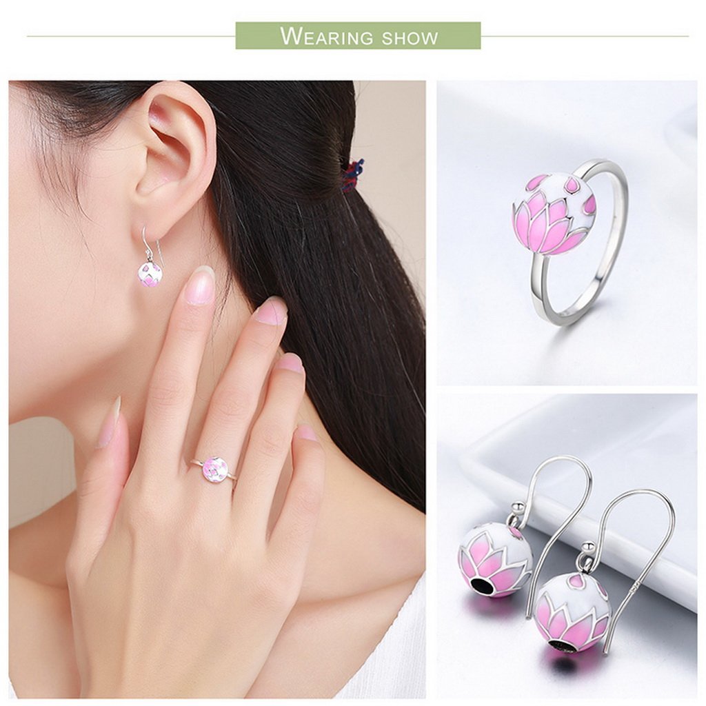 PAHALA 925 Sterling Silver Pink Enamel Flower Cherry Ring Earrings Jewelry Set