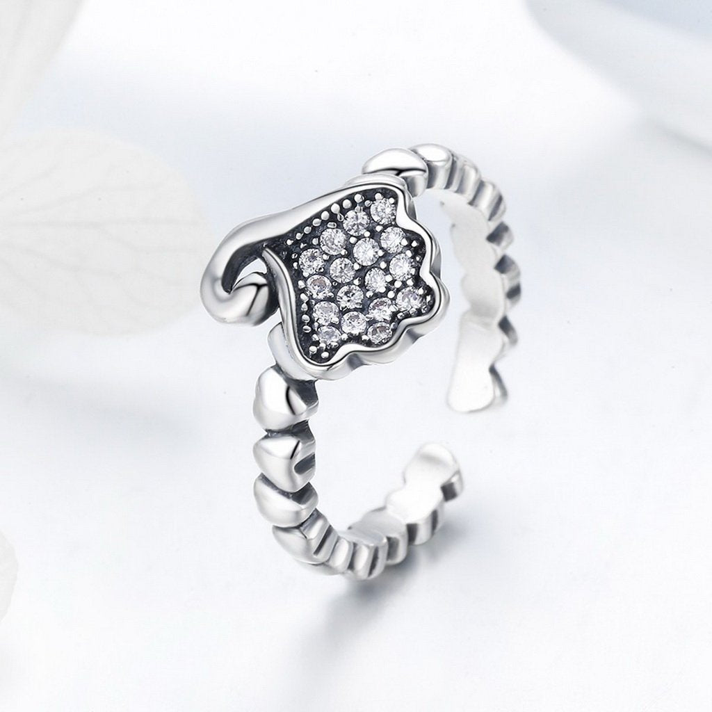 PAHALA 925 Strling Silver Lotus Flower with Crystals Weeding Party Band Ring