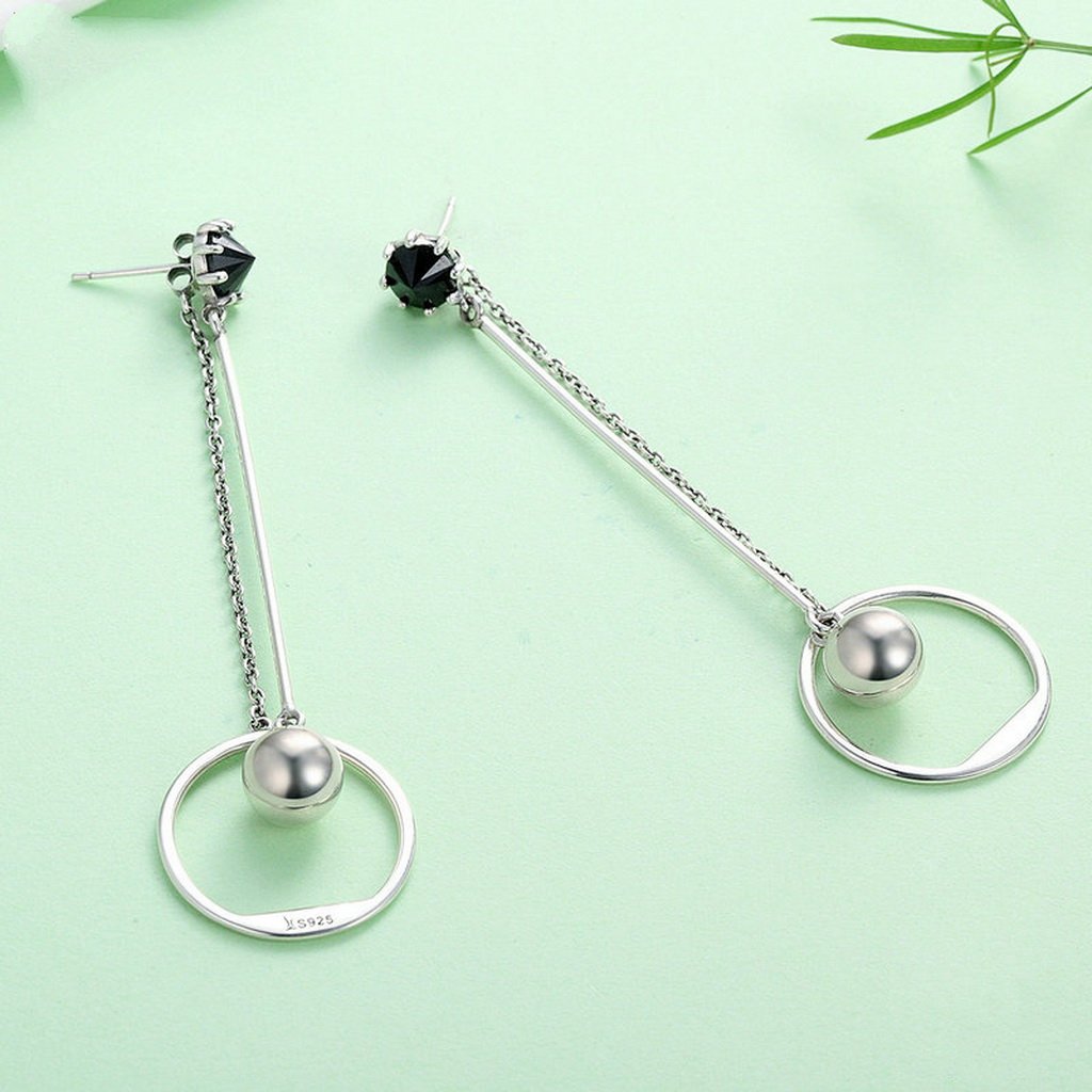 PAHALA 925 Sterling Silver Round Geometric Black Crystal Party Wedding Drop Earrings