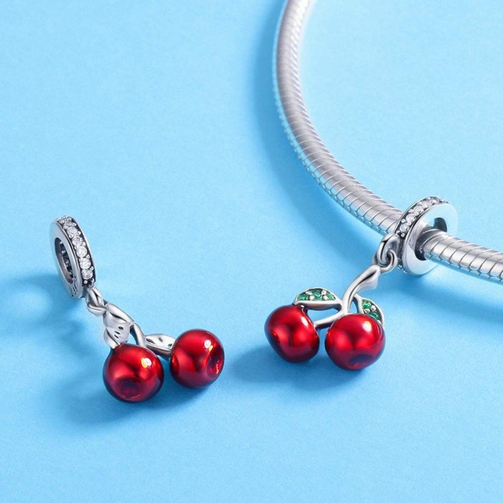 PAHALA 925 Strling Silver Red Enamel Cherry with Crystals Pendant Charm Bead