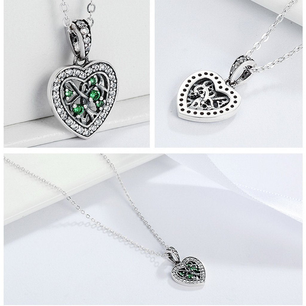 PAHALA 925 Sterling Silver Rhyme of Tree Heart with Crystals Clear CZ Pendant Necklace