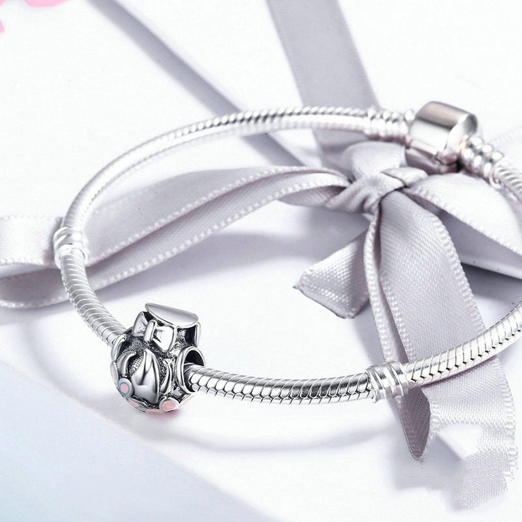 PAHALA 925 Sterling Silver Bowknot Flower with Pink Enamel Crystals Pendant Charm Bead
