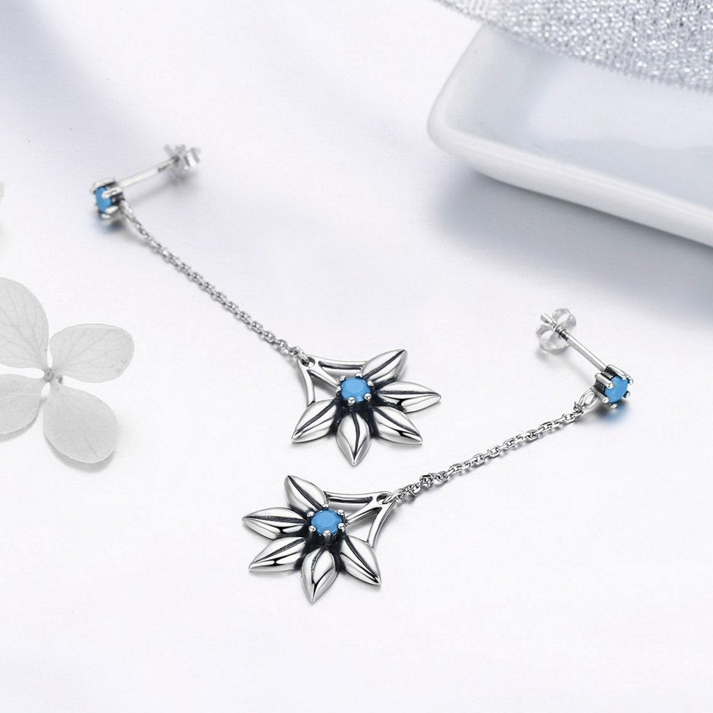 PAHALA 925 Sterling Silver Vintage Flower Blue Crystals Long Tassel Earrings