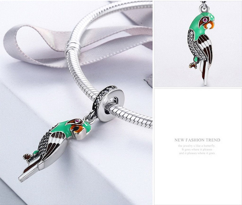 PAHALA 925 Sterling Silver Cute Parrot with Blue Enamel Crystals Charms Fit Bracelets Necklace