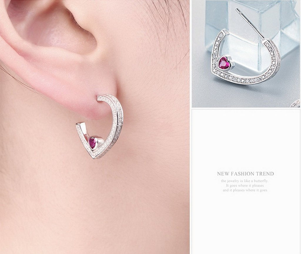 PAHALA 925 Sterling Silver Round With Pink Crystals Heart Party Wedding Stud Earring