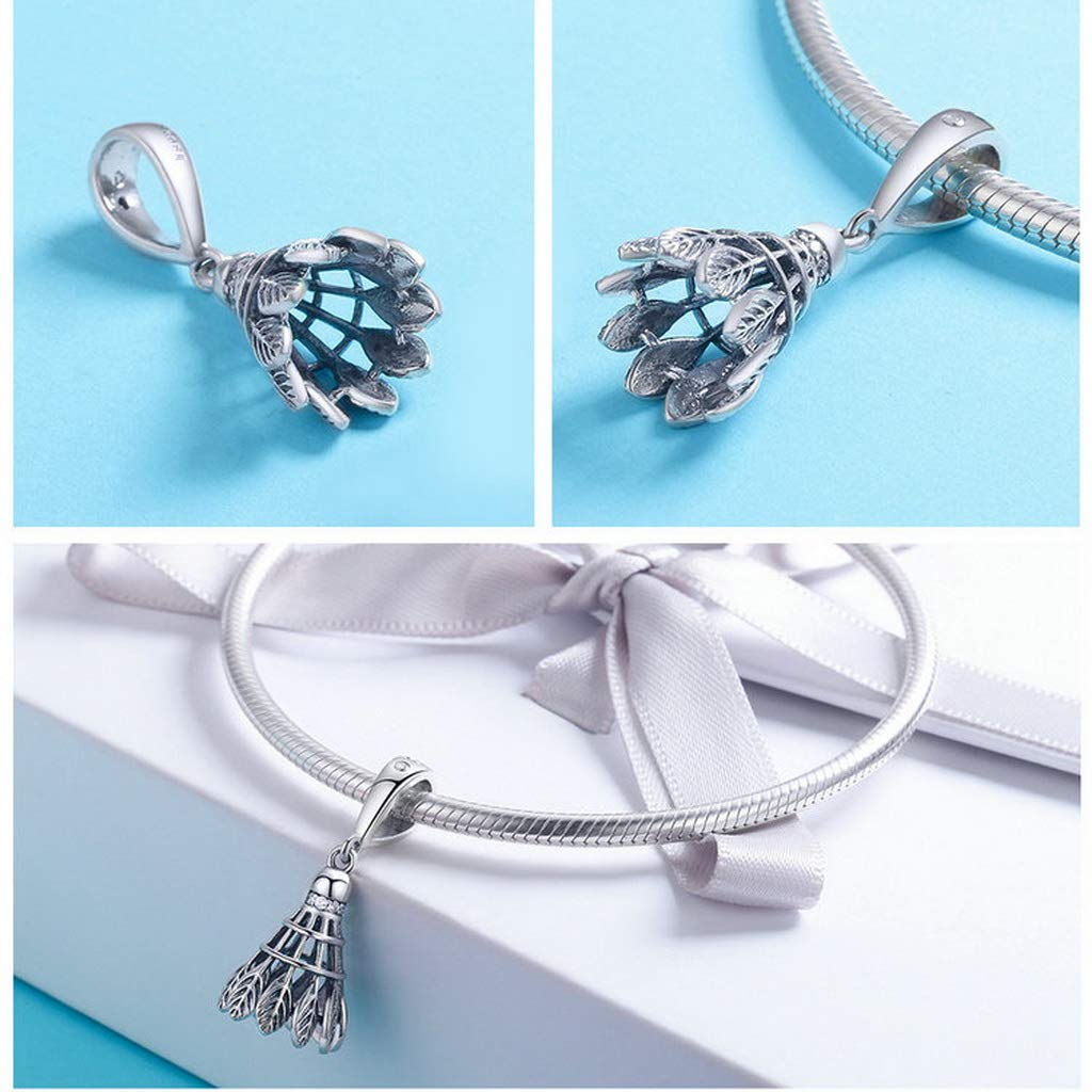 PAHALA 925 Strling Silver Badminton Pendant with Crystals Charm Bead