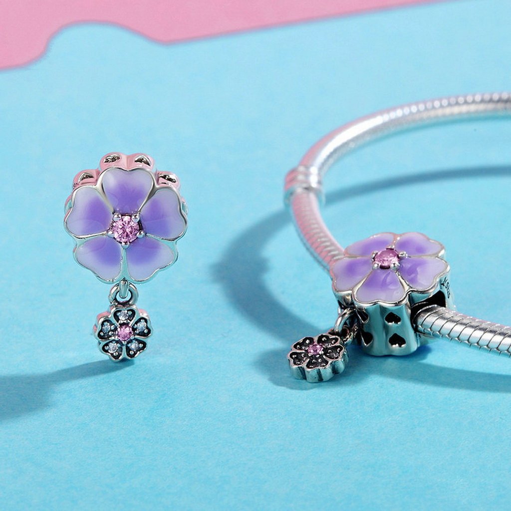 PAHALA 925 Sterling Silver Light Pruple Enamel Blooming Crystals Pendant Charm Bead