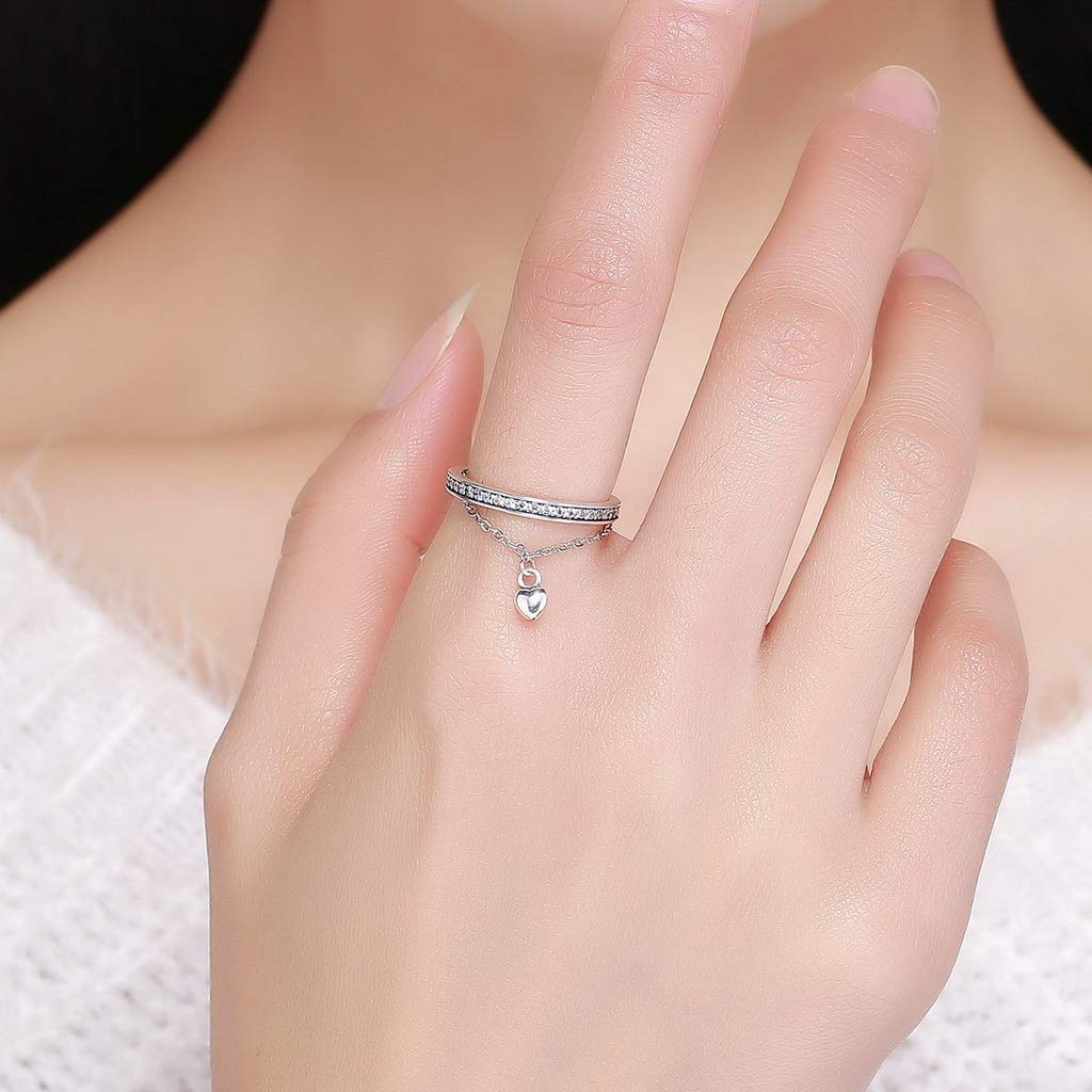 PAHALA 925 Strling Silver Stackable Heart Chain Finger Weeding Party Ring