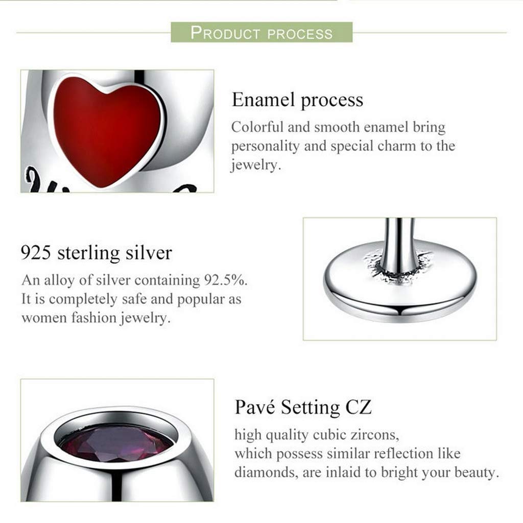 PAHALA 925 Strling Silver Red Wine Cup Heart Enamel Charms Charm