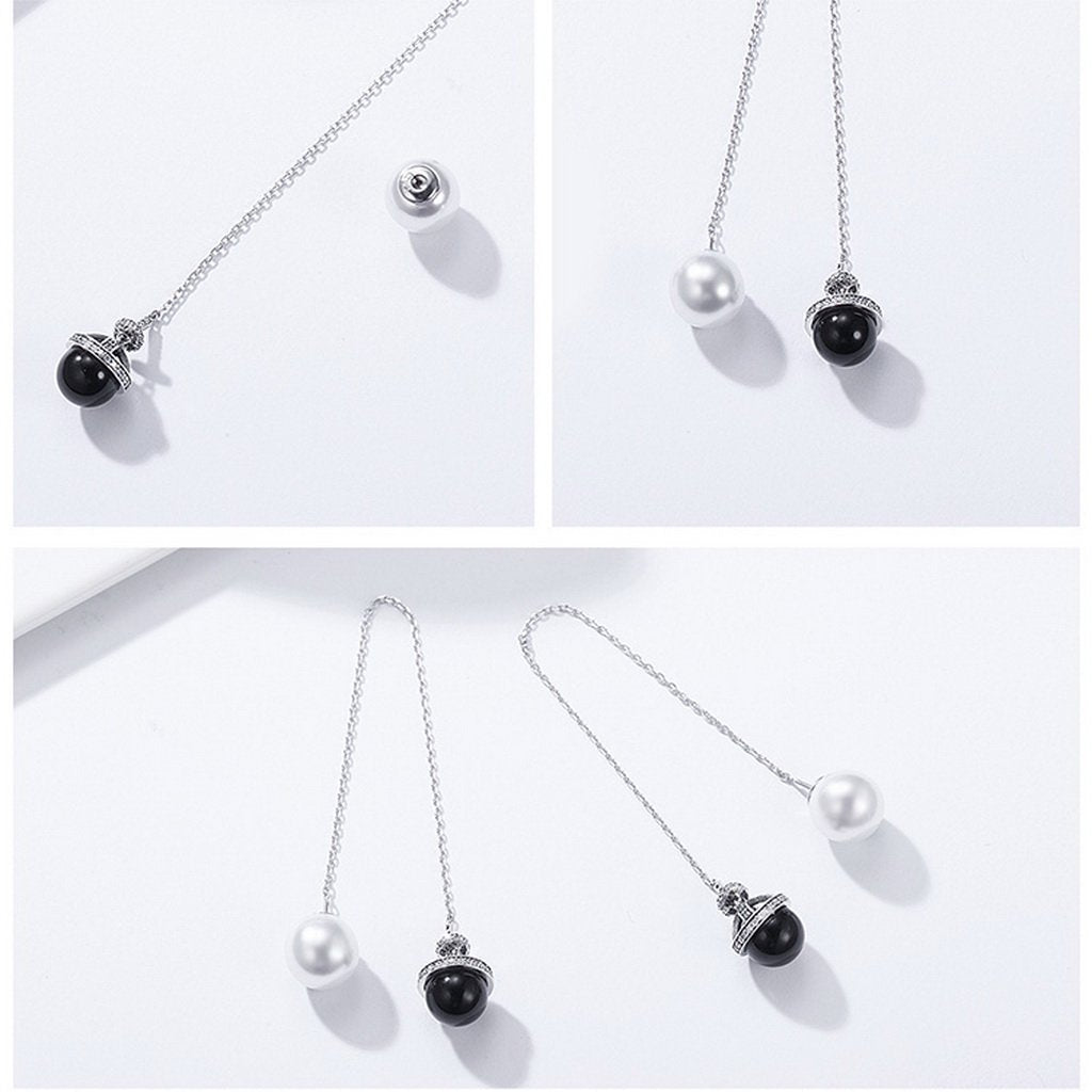PAHALA 925 Sterling Silver Planet Freshwater Pearl White Black With Crystals Party Wedding Long Drop Earrings