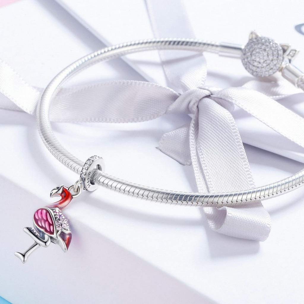 PAHALA 925 Strling Silver Red Flamingo Enamel with Crystals Pendant Charm Bead