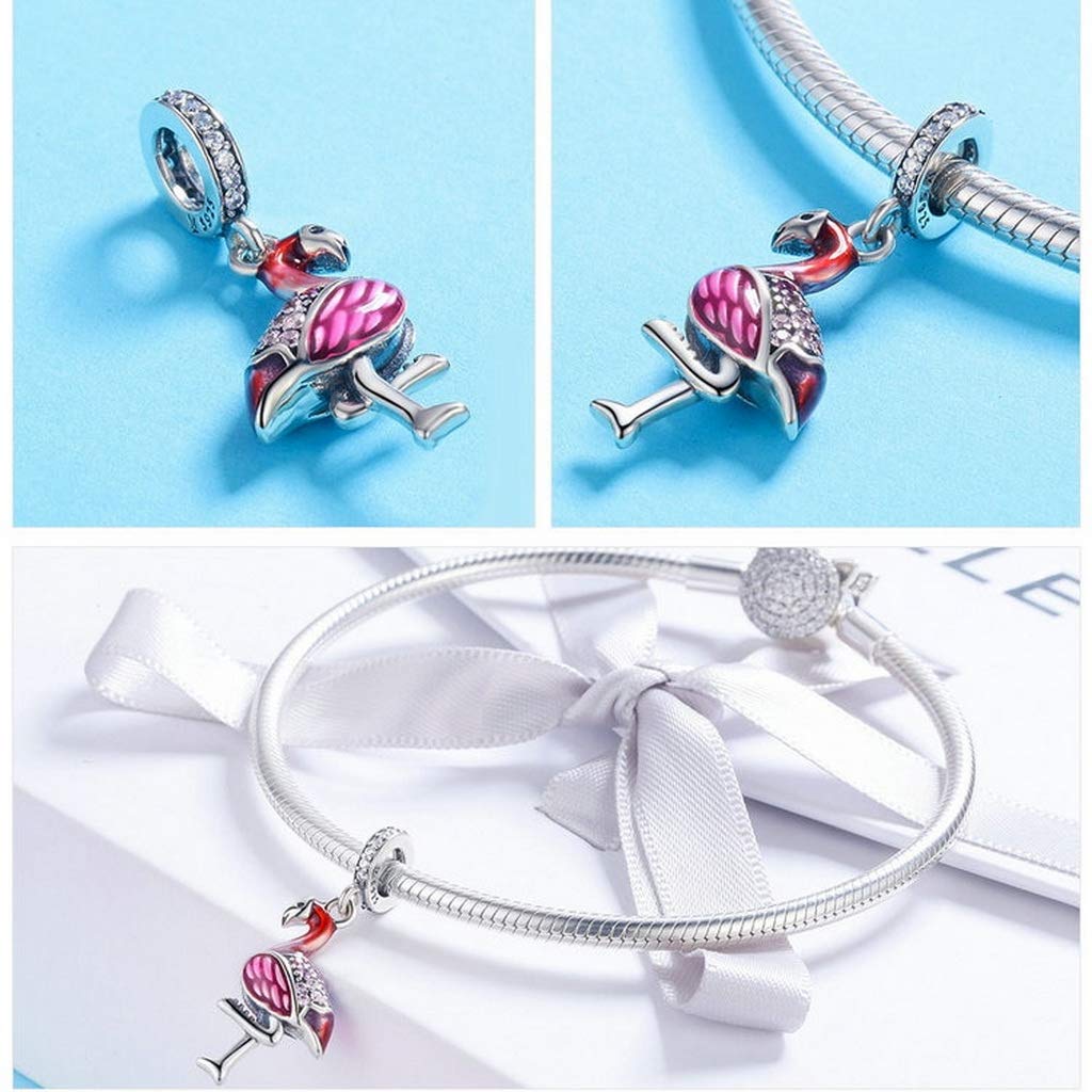 PAHALA 925 Strling Silver Red Flamingo Enamel with Crystals Pendant Charm Bead