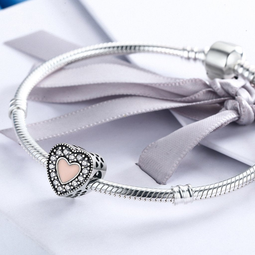 PAHALA 925 Strling Silver Pink Love Enamel with Crystals Charms Fit Bracelets Necklace