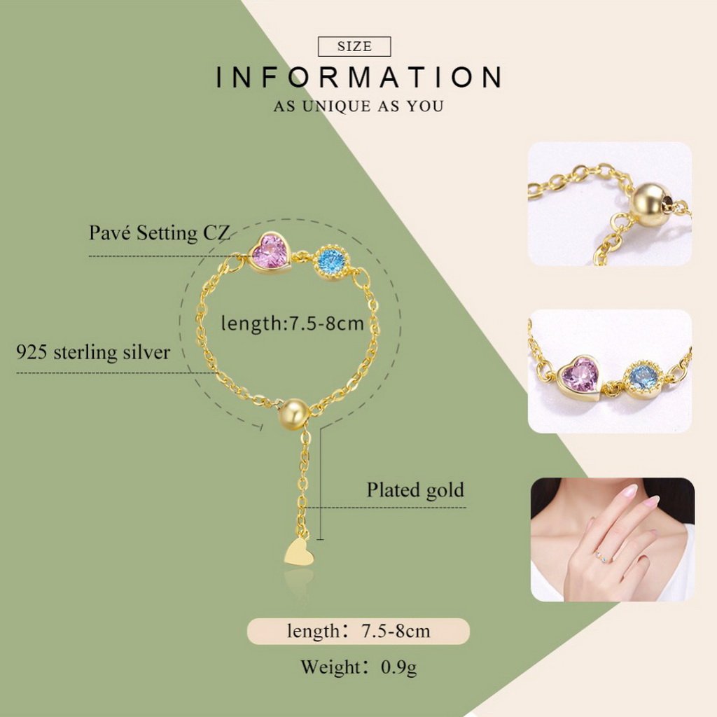 PAHALA 925 Strling Silver Gold Color Heart Crystals Chain Weeding Party Band Ring