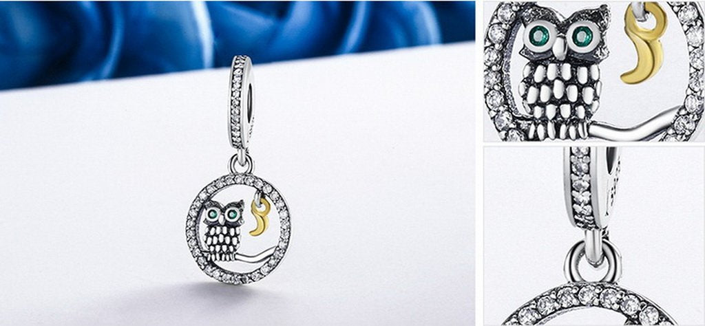 PAHALA 925 Sterling Silver Bird Story Moon with Crystals Charms Fit Bracelets Necklace