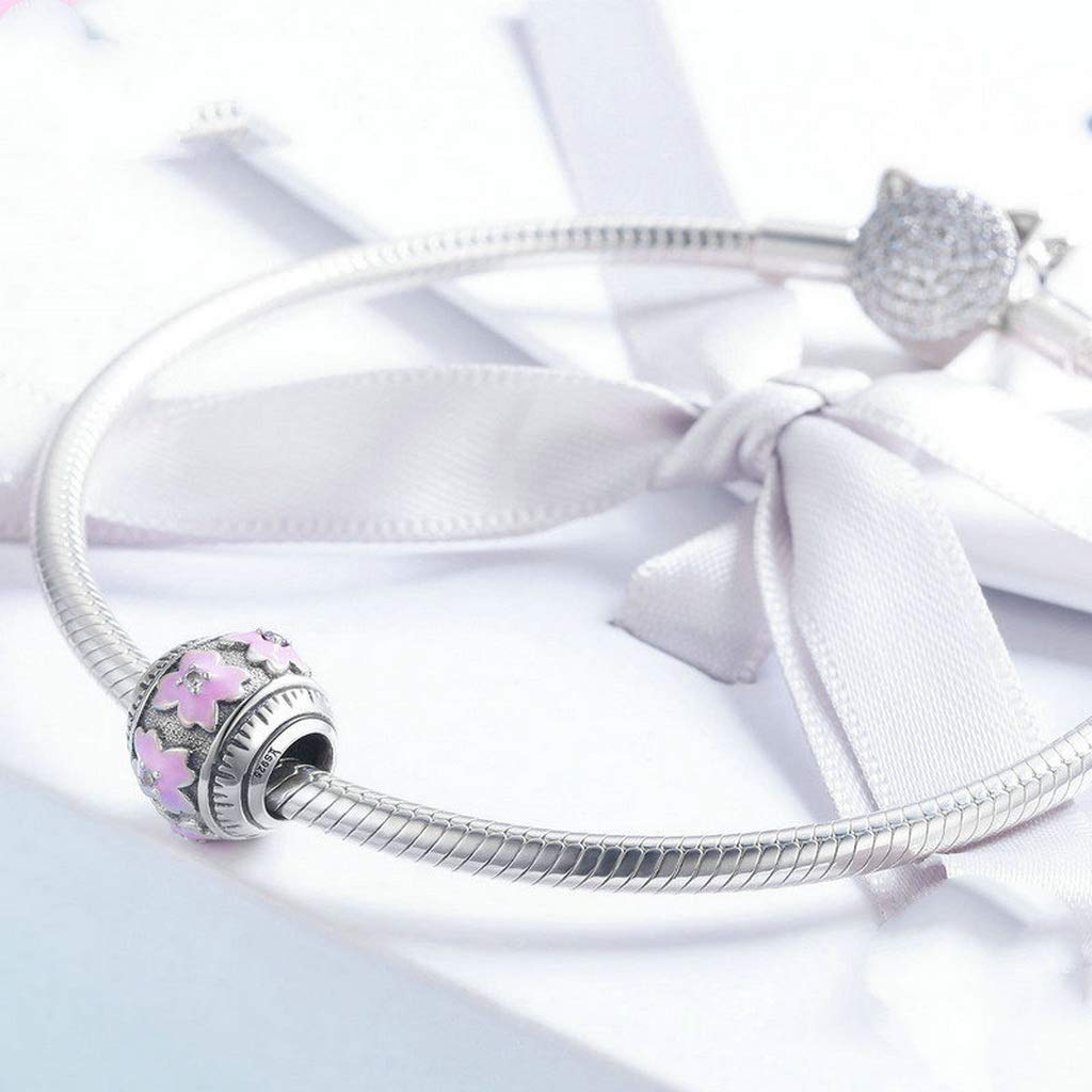 PAHALA 925 Strling Silver Love Clover Flower Pink Enamel Charm Bead