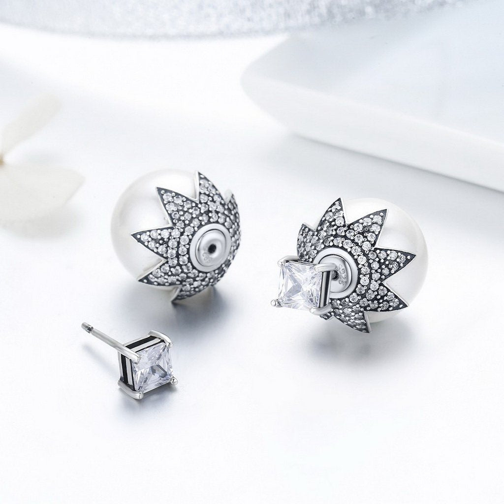 PAHALA 925 Sterling Silver Double Side Ball Crystal Stud Earrings