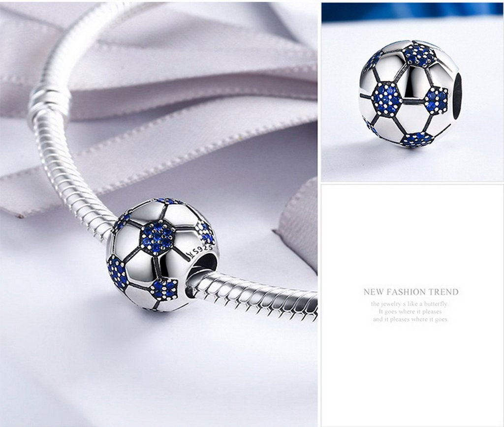 PAHALA 925 Sterling Silver Love Football with Blue Crystals Charms Fit Bracelets Necklace