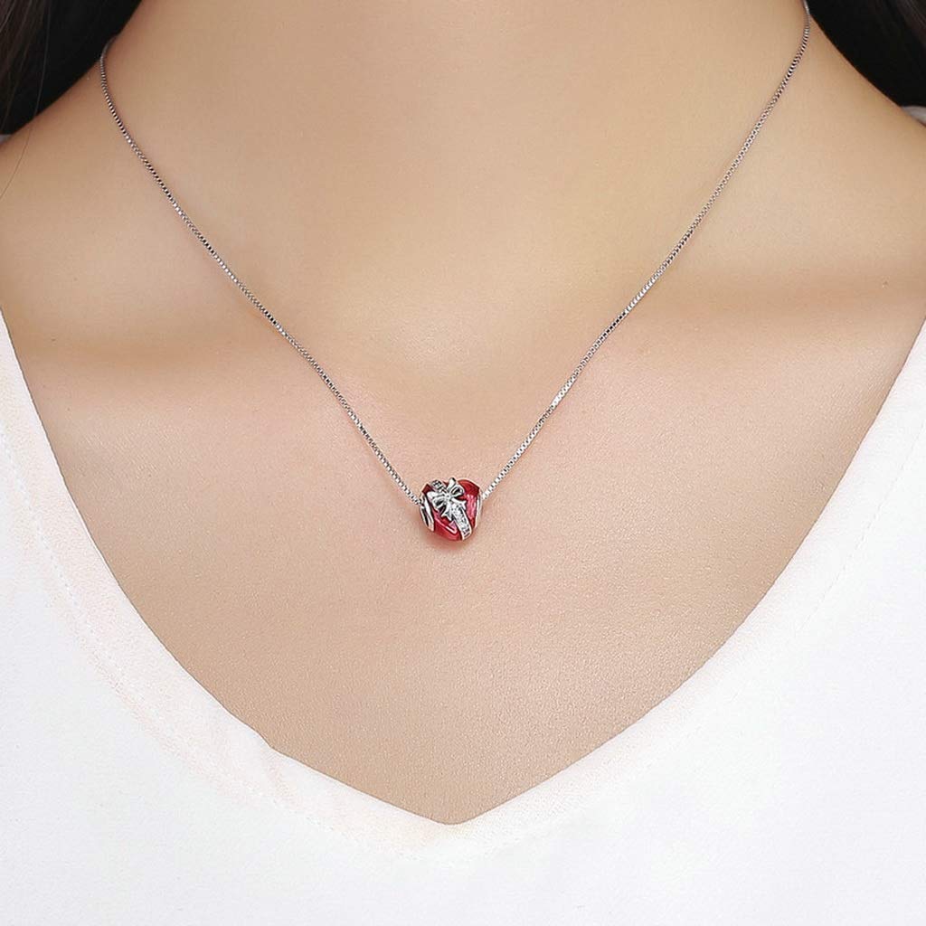 PAHALA 925 Strling Silver Bowknot Red Enamel Romantic Heart with Crystals Charms Beads