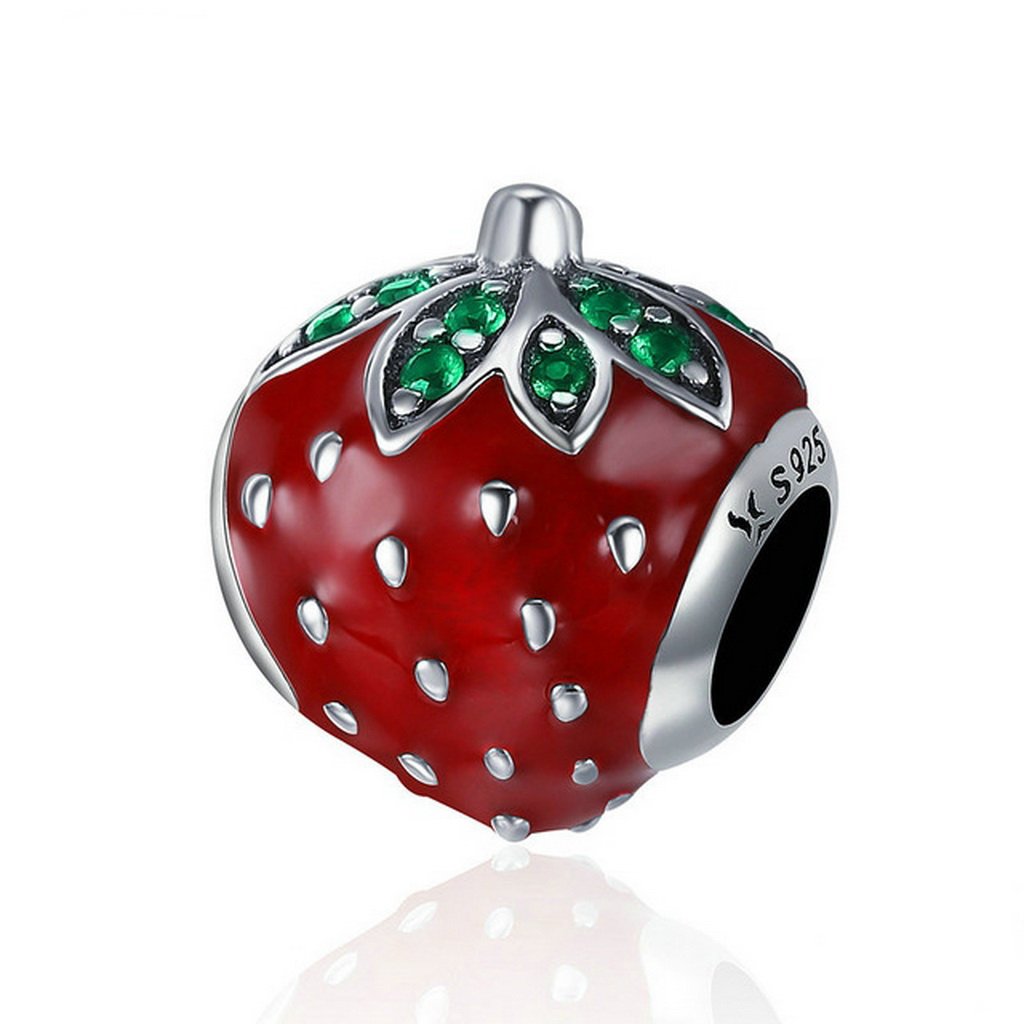 PAHALA 925 Sterling Silver Strawberry Red Enamel with Crystal Charm Bead