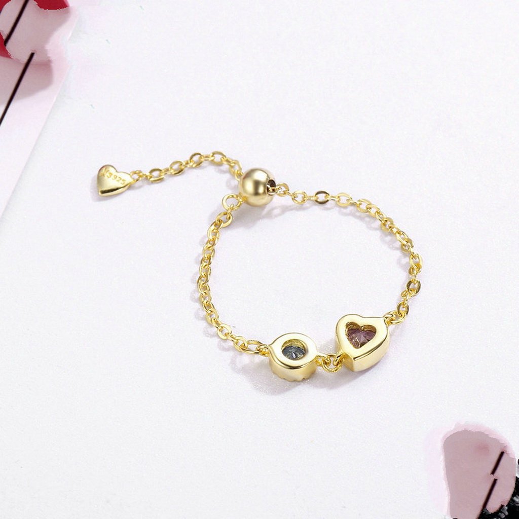 PAHALA 925 Strling Silver Gold Color Heart Crystals Chain Weeding Party Band Ring