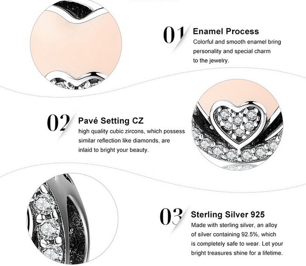 PAHALA 925 Sterling Silver Sweet Heart with Pink Enamel Crystals Charms Fit Bracelets Necklace