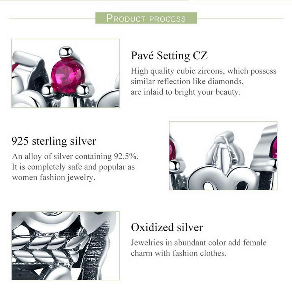 PAHALA 925 Strling Silver Pink Crystals Queen Crown Charm Bead