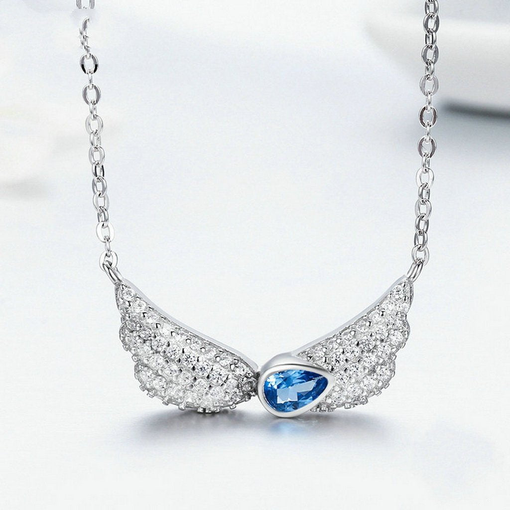 PAHALA 925 Sterling Silver Blue Crystals Wings Clear CZ Pendant Necklace