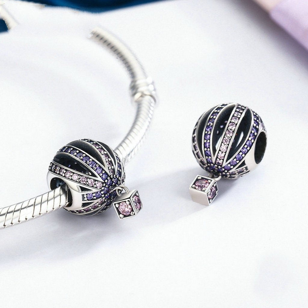 PAHALA 925 Sterling Silver Hot Air Purple Crystals Balloon Charm Bead Fit Bracelet