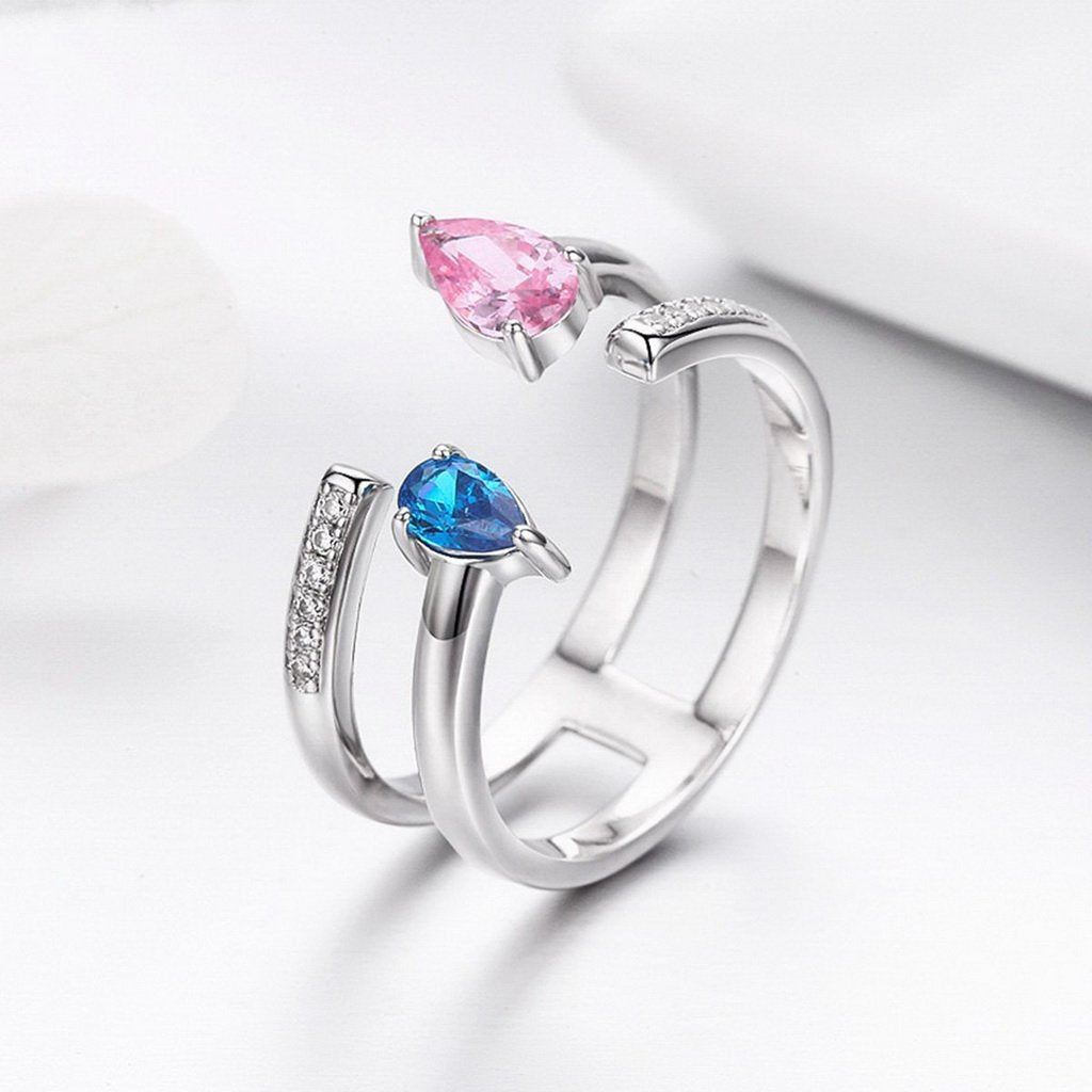 PAHALA 925 Strling Silver Pink Blue Crystals Weeding Party Band Ring