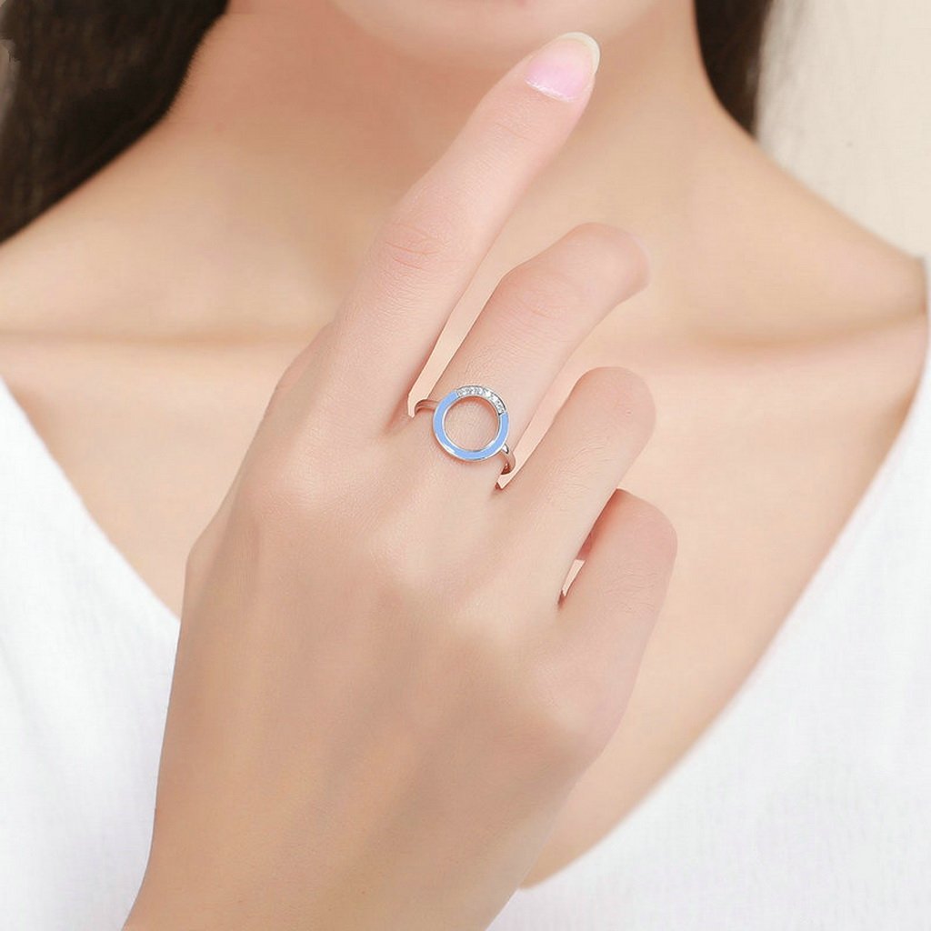 PAHALA 925 Sterling Silver Dazzling Light Blue Enamel with Crystals Wedding Engagement Band Ring