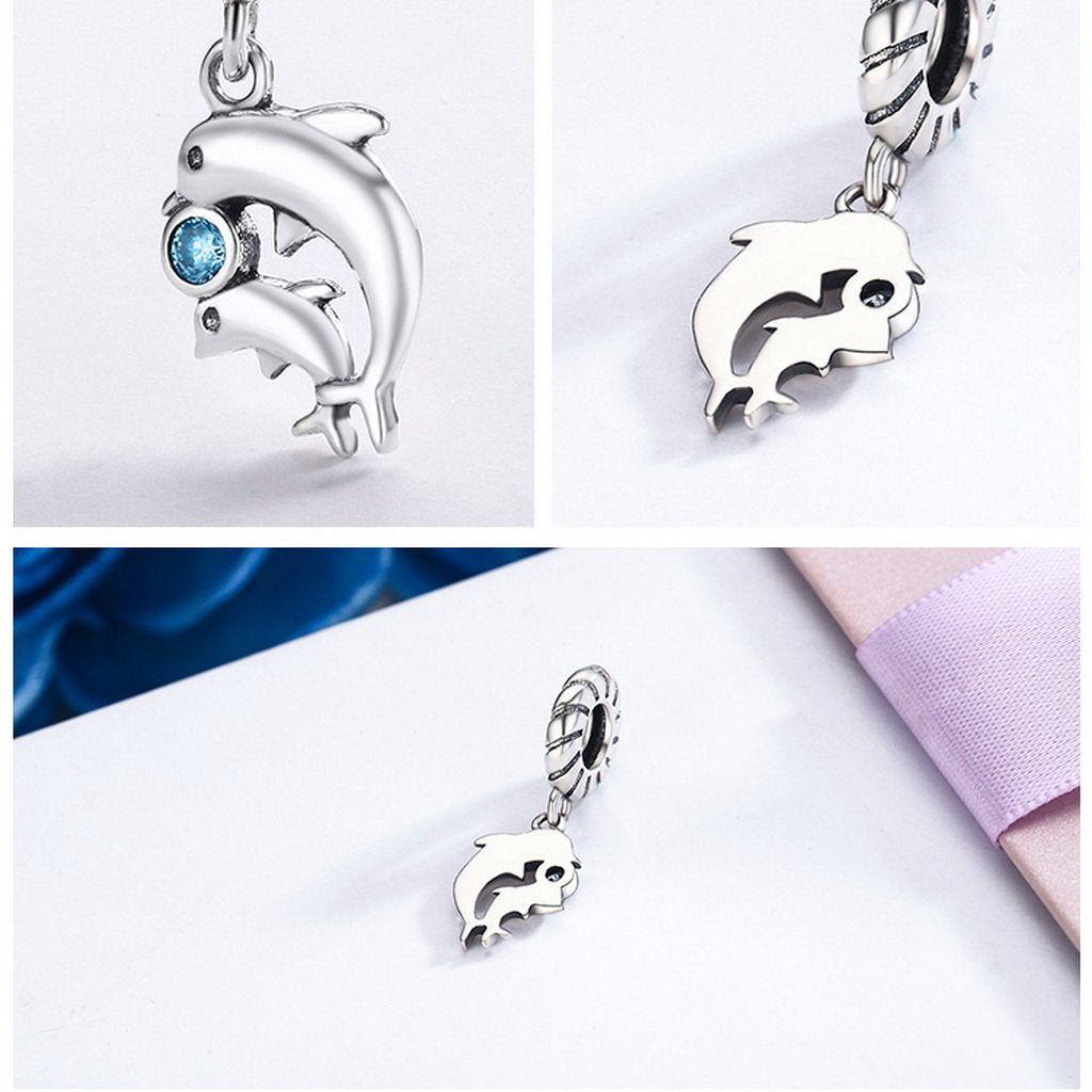 PAHALA 925 Sterling Silver Dolphins with Blue Crystal Charm Bead Fit Bracelet